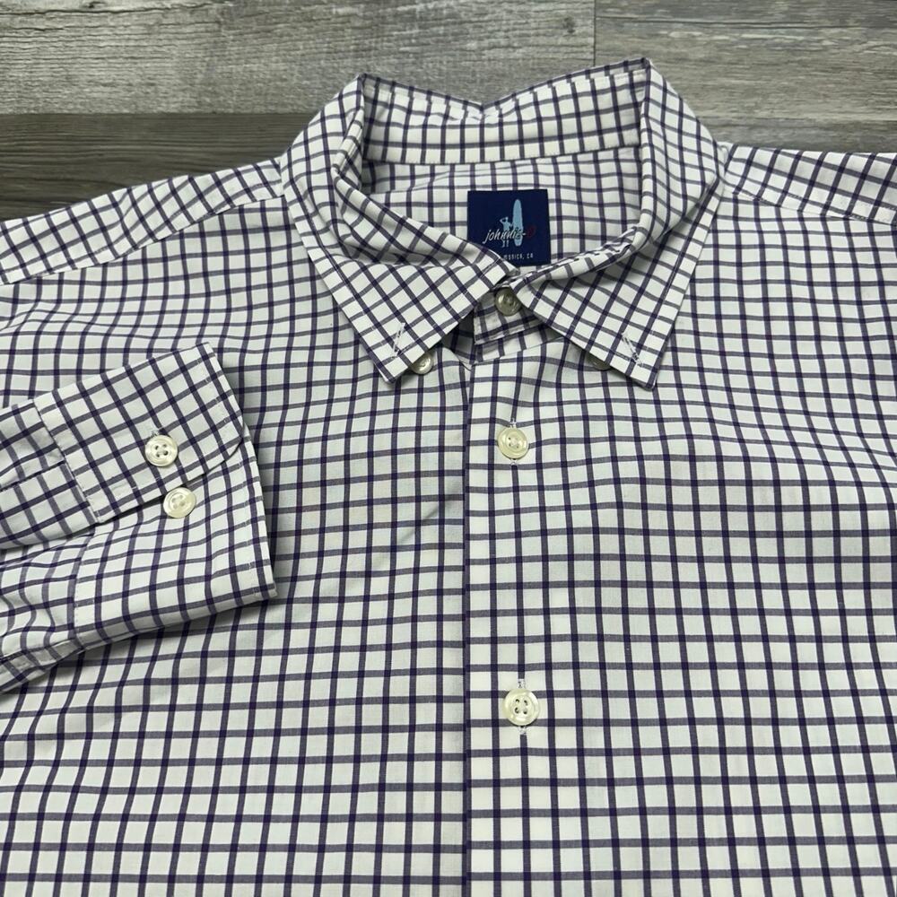 johnnie-O White Button-Down Shirt with Purple Windowpane Check